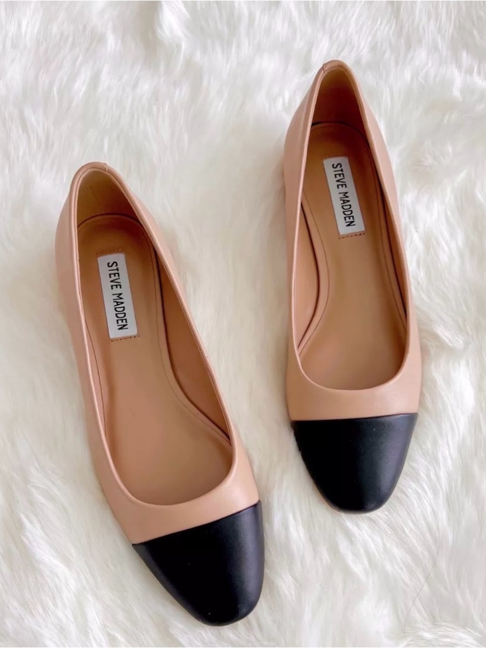 Steve Madden Two-Tone Beige and Black Cap-Toe Flats